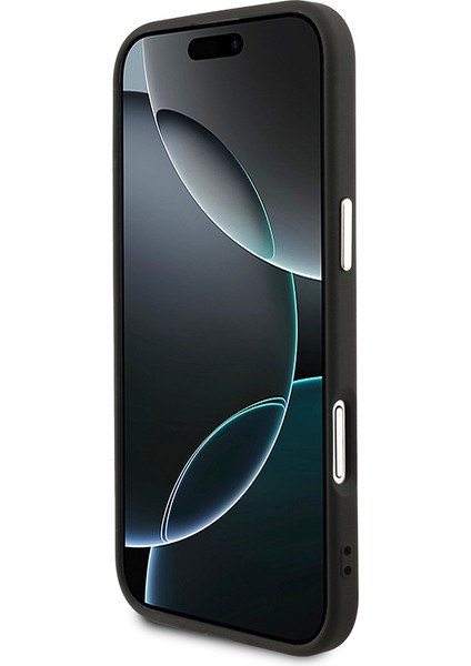 iPhone 17 Air Kılıf Guess Lisanslı M-Safe Şarjlı Gold Metal Kamera Çerçeveli Taşlı Üçgen Logo Siyah