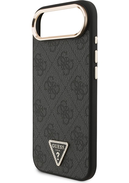 iPhone 17 Air Kılıf Guess Lisanslı M-Safe Şarjlı Gold Metal Kamera Çerçeveli Taşlı Üçgen Logo Siyah