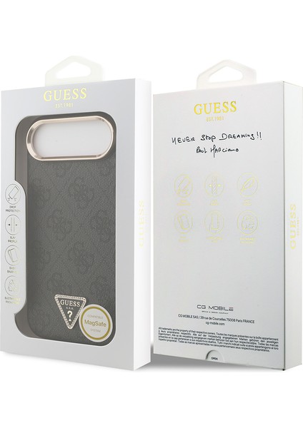 iPhone 17 Air Kılıf Guess Lisanslı M-Safe Şarjlı Gold Metal Kamera Çerçeveli Taşlı Üçgen Logo Siyah