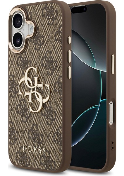 iPhone 17 Kılıf Guess Lisanslı Gold Metal Kamera Çerçeveli Metal Büyük 4g Yazı Logolu Kapak Kahve