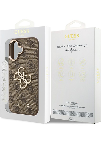 iPhone 17 Kılıf Guess Lisanslı Gold Metal Kamera Çerçeveli Metal Büyük 4g Yazı Logolu Kapak Kahve