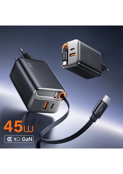 WI-G021 Helix Serisi Gan Teknolojili Usb-A To Type-C Pd 45W Type-C Kablolu Şarj Seti Siyah fiyatları