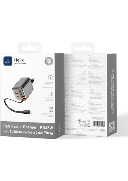 WI-G021 Helix Serisi Gan Teknolojili Usb-A To Type-C Pd 45W Type-C Kablolu Şarj Seti Siyah modelleri