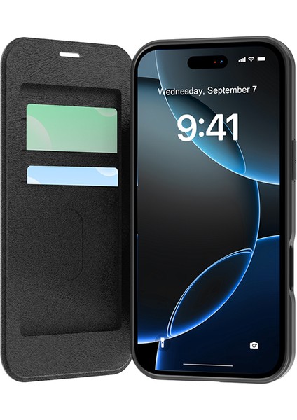 iPhone 17 Pro Max Uyumlu Kılıf M-Safe Şarjlı Raptic Air Folio Şeffaf Kartlıklı Kapaklı Kılıf Siyah modelleri