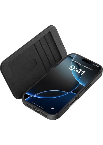 iPhone 17 Pro Max Uyumlu Kılıf M-Safe Şarjlı Raptic Air Folio Şeffaf Kartlıklı Kapaklı Kılıf Siyah