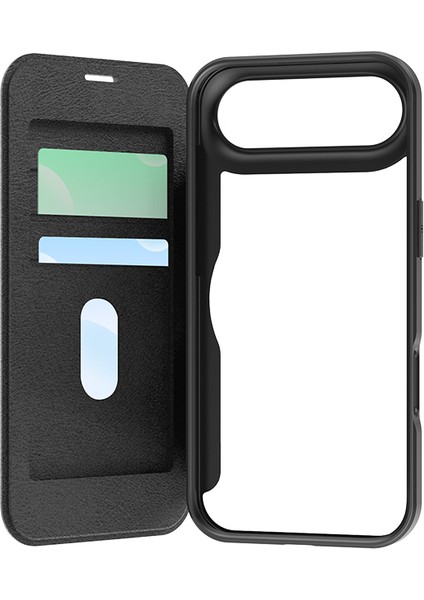 iPhone 17 Air Uyumlu Kılıf M-Safe Şarjlı Raptic Air Folio Şeffaf Kartlıklı Kapaklı Kılıf Siyah