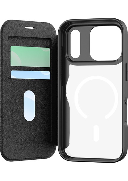 iPhone 17 Pro Uyumlu Kılıf M-Safe Şarjlı Raptic Air Folio Şeffaf Kartlıklı Kapaklı Kılıf Siyah