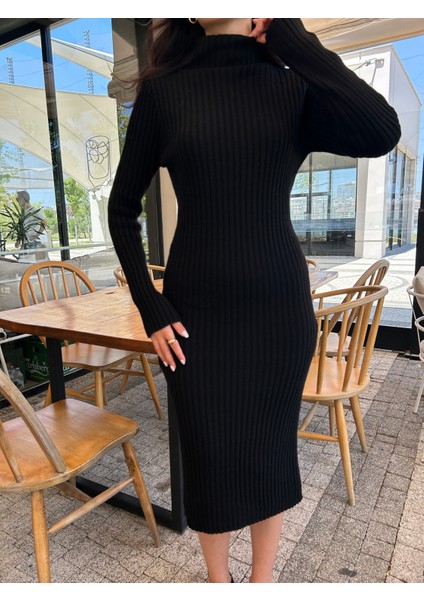 Kadın Fitilli Balıkçı Yaka Midi Triko Elbise