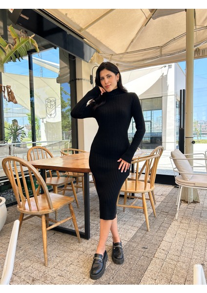 Kadın Fitilli Balıkçı Yaka Midi Triko Elbise indirimleri