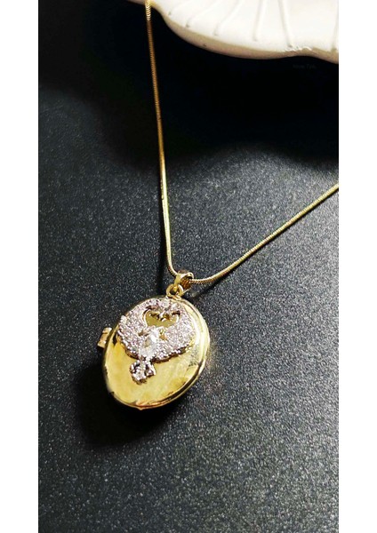 Zirkon Taşlı, Alya, Kapaklı, Paslanmaz Çelik Kolye 424, Altın Renk modelleri