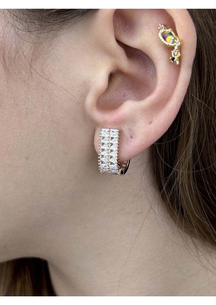 Zirkon Taşlı, Paslanmaz Çelik Küpe, Altın Renk