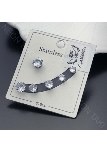 Çoklu, Zirkon Taşlı, Paslanmaz Çelik Küpe 522, Gümüş Renk