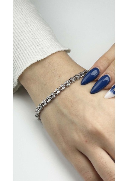 Zirkon Taşlı, Platinyum Kaplama, Paslanmaz Çelik Bileklik 444, Gümüş Renk