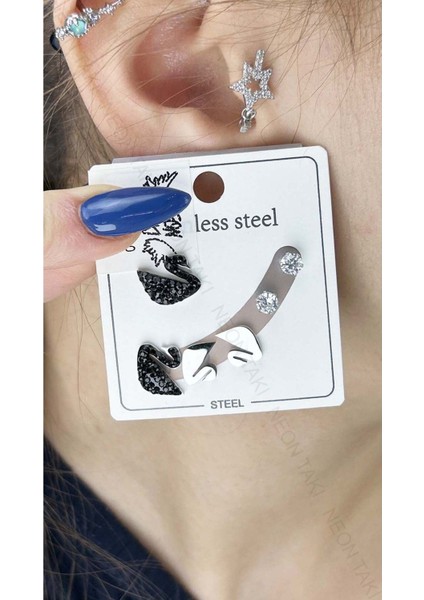 Çoklu Küpe, Zirkon Taşlı, Kuğulu, Paslanmaz Çelik Küpe 110, Gümüş Renk