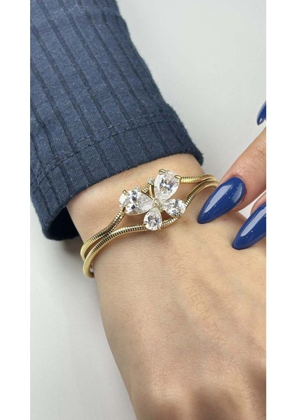 Bileklik, Zirkon Taşlı, Kararmayan Paslanmaz, Kelebek Detaylı, Çift Zincirli, Altın Renk, Model26