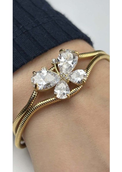 Bileklik, Zirkon Taşlı, Kararmayan Paslanmaz, Kelebek Detaylı, Çift Zincirli, Altın Renk, Model26 fiyatları