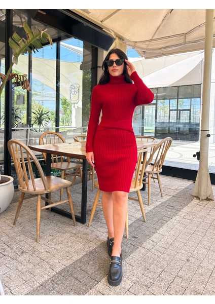 Kadın Fitilli Kuşaklı Balıkçı Yaka Midi Triko Elbise
