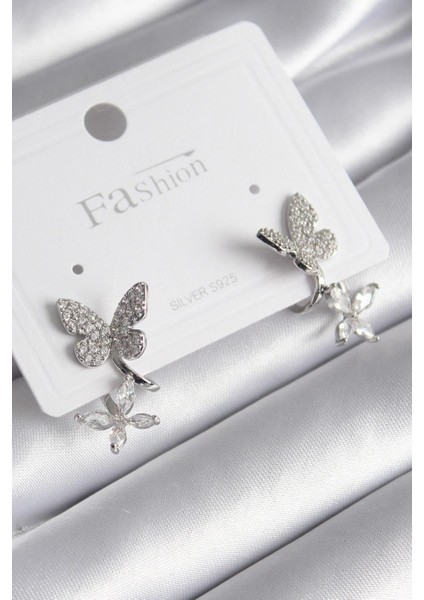 Pirinç Gümüş Renk Zirkon Taşlı Kelebek Model Kadın Küpe