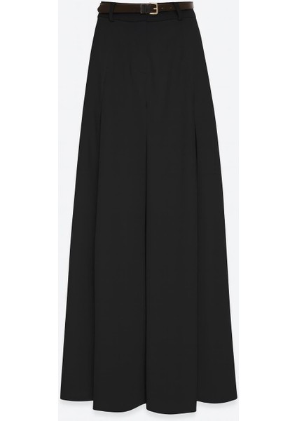 Siyah Pile Detaylı Rahat Kesim Kemerli Pantolon