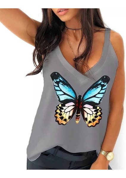 Kadın Kelebek Baskılı Sandy Kumaş Askılı Bluz fiyatları