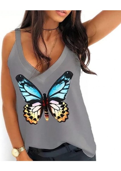 Kadın Kelebek Baskılı Sandy Kumaş Askılı Bluz modelleri