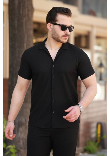 Erkek Ottoman Kumaş Apaj Yaka Kısa Kollu Gömlek