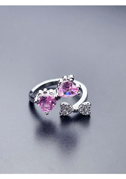 Pembe Taşlı, Kurdele Figürlü, Paslanmaz Çelik Yüzük 154, Gümüş Renk, Ayarlanabilir modelleri