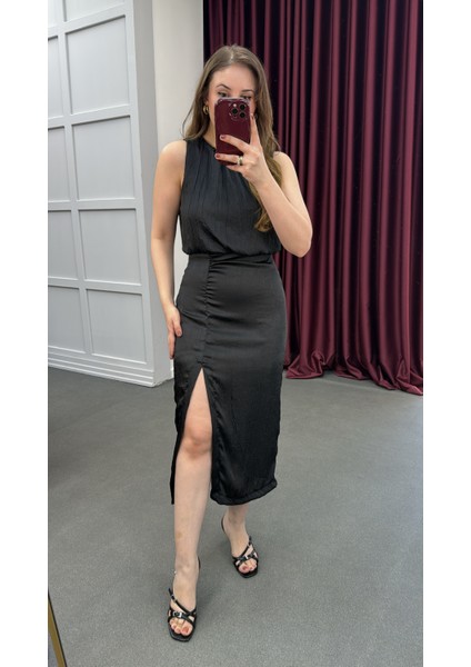 Shay Önden Büzgülü Midi Elbise