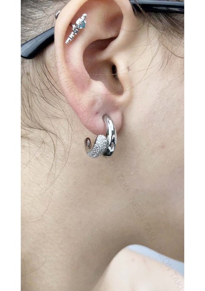 Zirkon Taşlı, İkili Görünüm Vip Küpe 603, Gümüş Renk