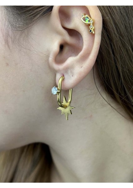 Zirkon Taşlı, Yıldız Figürlü, Paslanmaz Çelik Küpe 139, Altın Renk