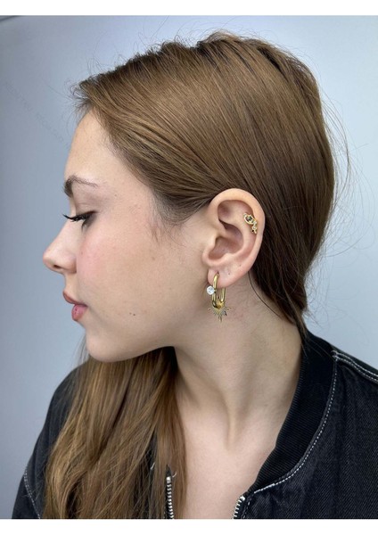 Zirkon Taşlı, Yıldız Figürlü, Paslanmaz Çelik Küpe 139, Altın Renk fiyatları