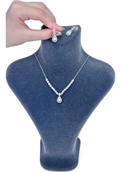 Zirkon Taşlı, Rodyum Kaplama Kolye Küpe Seti 54, Gümüş Renk