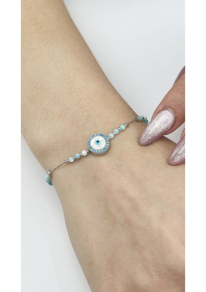 Nazar Boncuğu, Mavi Taşlı, Paslanmaz Çelik Bileklik 491, Gümüş Renk