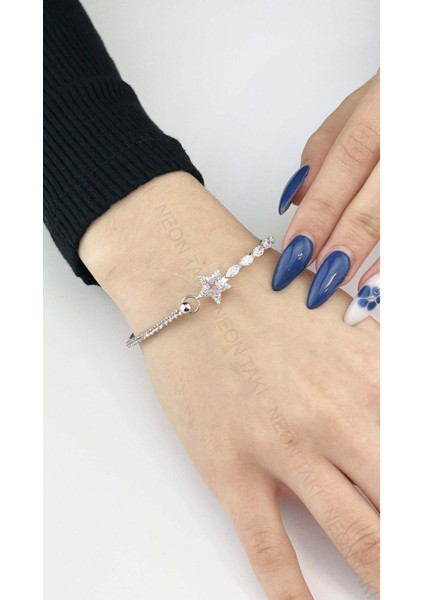 Zirkon Taşlı, Pembe Taşlı Yıldız Figürlü, Vip Seri Kelepçe 171, Silver Renk