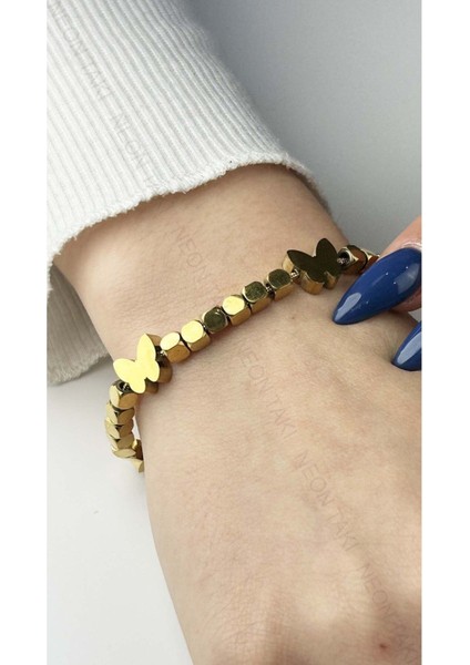 Kelebek Figürlü, Paslanmaz Çelik Zincir Bileklik 17, Altın Renk