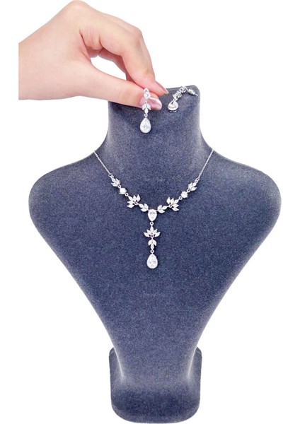Zirkon Taşlı, Rodyum Kaplama Kolye Küpe Seti 51, Gümüş Renk