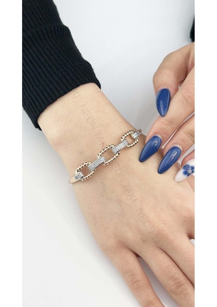 Zirkon Taşlı, Altın Kaplama, Paslanmaz Çelik Bileklik 151, Pembe (ROSE) Renk