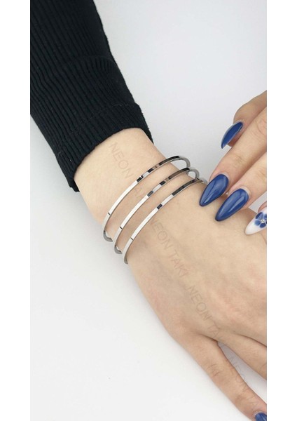 Ajda Bilezik, 3 Adet, Paslanmaz Çelik Charm Taşıyıcı Bileklik 136, Çap 60 Mm, Gümüş Renk