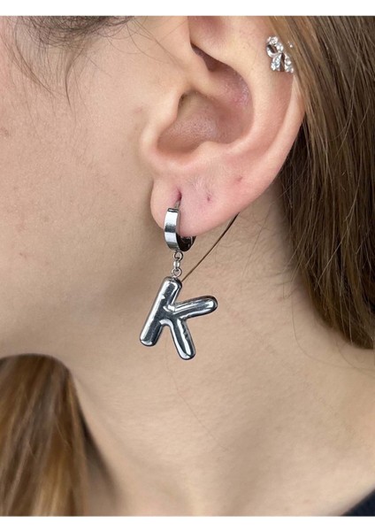 K Harfi, Balon Formlu, Paslanmaz Çelik Küpe 296, Gümüş Renk