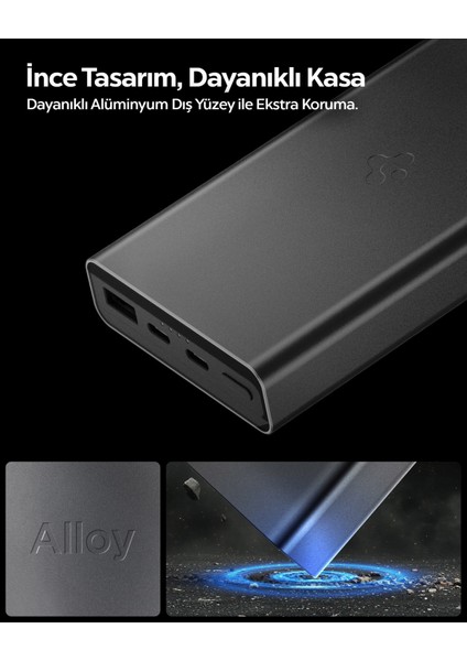 20000 mAh Alüminyum Kasa 30W USB-C + USB-A Giriş / Çıkış Hızlı Şarj 3 Portlu Powerbank / 1 Metre Type-C Harici Kablolu Taşınabilir Şarj Cihazı + Taşıma Çantası EA3020 Black - ABA09433 fırsatları