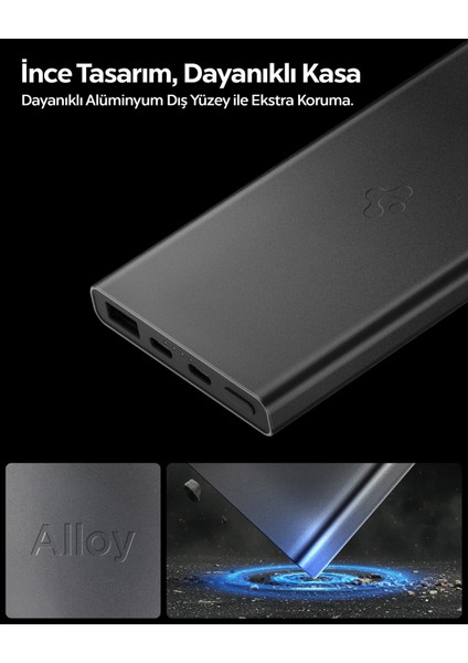 10000 mAh Slim Alüminyum Kasa 22.5W USB-C + USB-A Giriş / Çıkış Hızlı Şarj 3 Portlu Powerbank / 1 Metre Type-C Harici Kablolu Taşınabilir Şarj Cihazı + Taşıma Çantası EA2210 Black - ABA09431 fırsatları