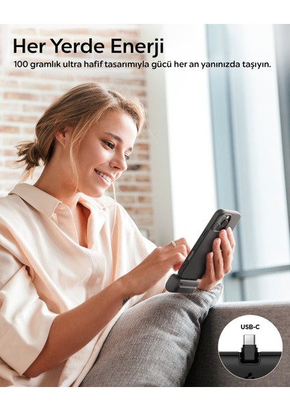 5000 mAh Ultra Mini 22.5W USB-C Giriş / Çıkış Hızlı Şarj 2 Portlu Tak-Çalıştır Standlı Powerbank / Entegre Type-C Portlu Stand Özellikli Taşınabilir Şarj Cihazı EA2205 Black - ABA09022