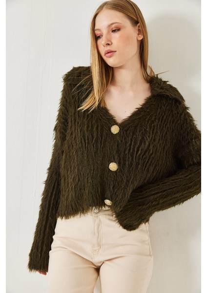 Kadın Polo Yaka Gold Düğmeli Kürk Görünümlü Hırka fiyatları
