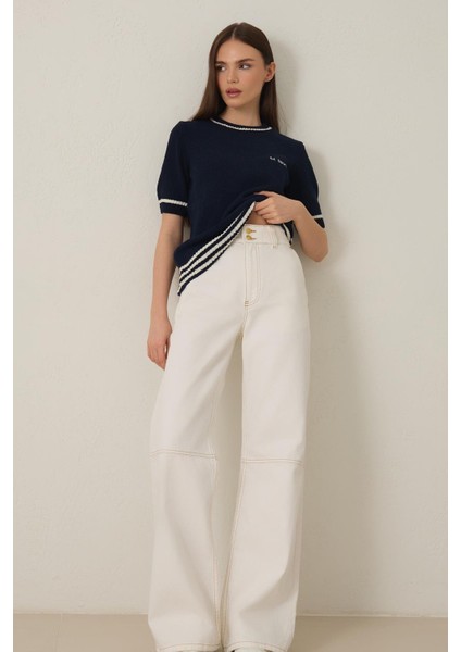 Lacivert Bisiklet Yaka Çizgi Detaylı Kısa Kollu Dar Kalıp Triko Bluz fiyatları