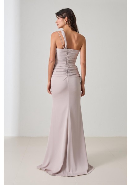 Taş Tek Omuz Askı Detaylı Drapeli Tam Kalıp Uzun Abiye Elbise indirimleri