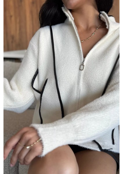 Deri Detaylı Angora Iplik Kadın Triko Ceket P-00017984