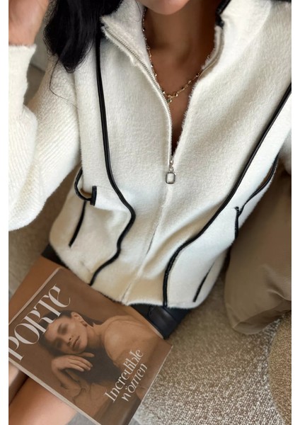 Deri Detaylı Angora Iplik Kadın Triko Ceket P-00017984 fiyatları