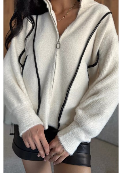 Deri Detaylı Angora Iplik Kadın Triko Ceket P-00017984 modelleri