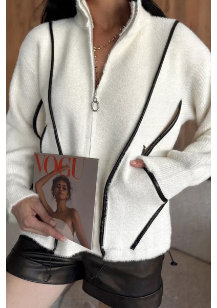 Deri Detaylı Angora Iplik Kadın Triko Ceket P-00017984 fırsatları