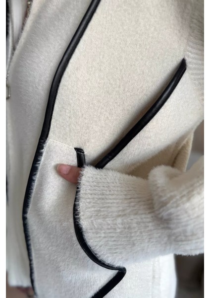 Deri Detaylı Angora Iplik Kadın Triko Ceket P-00017984 indirimleri